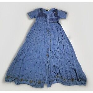 VTG 90s M.P.H. Women’s Blue Rayon Broomstick Dress Embroidered Boho Maxi Size L